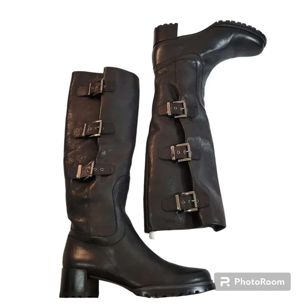Stuart Weitzman Cinchboot Womens 6.5 M Black Leather Buckles Riding Boot Knee Hi - Picture 1 of 14